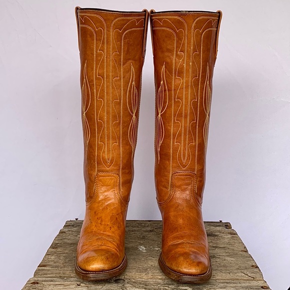 SOLD FRYE Vintage Black Label Stitching Tall Knee High Brown Western Boots 9 9.5 - Picture 5 of 11